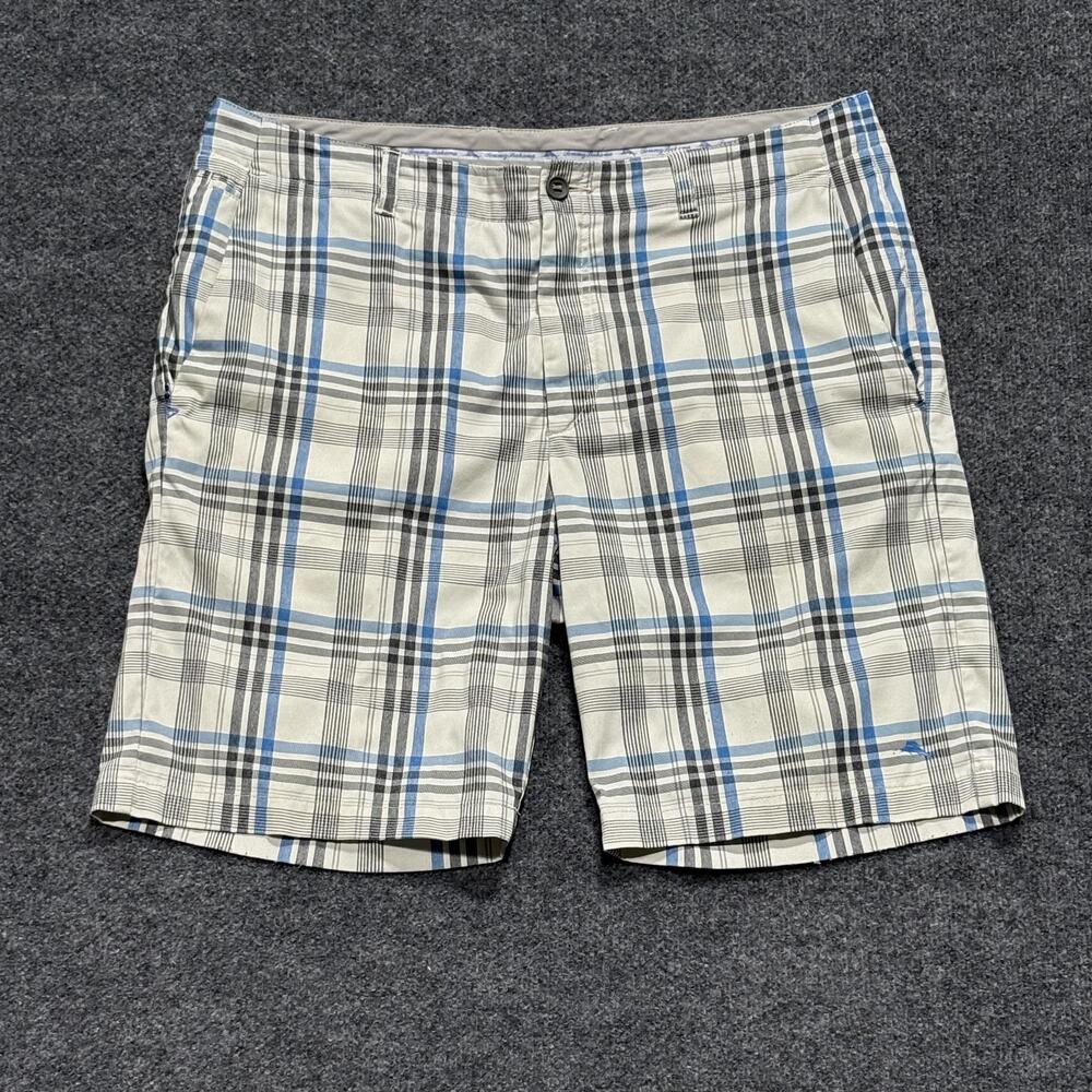 Tommy Bahama Shorts Mens 38 Blue Gray Plaid Stretch Casual Golf Marlin Logo